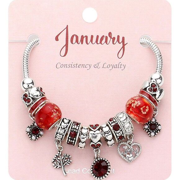January Birthstone Charm Bracelet Red Beaded Jewelry for Women Birthday Gift - Picture 1 of 2